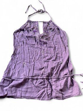 vintage y2k Purple embroidered halter top with tie back detail. Charlotte Russe